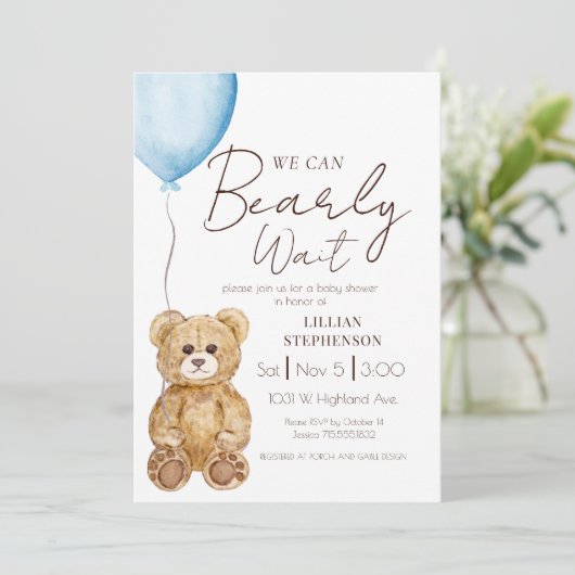 Blue We Can Bearly Wait Boy Baby Shower 招待状 (スタンド正面)