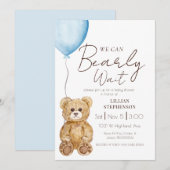 Blue We Can Bearly Wait Boy Baby Shower 招待状 (正面/裏面)