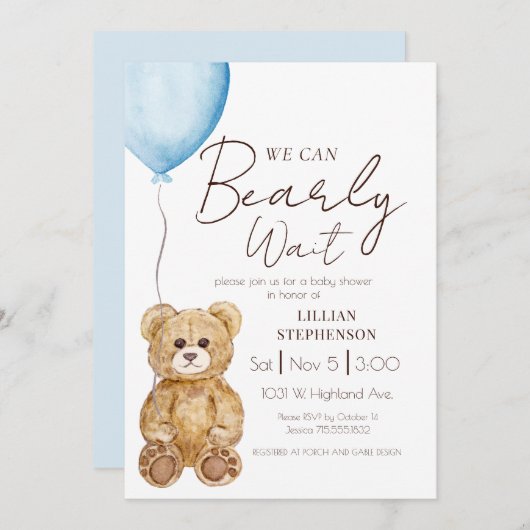 Blue We Can Bearly Wait Boy Baby Shower 招待状 (正面/裏面)