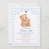 Blue We can bearly wait Mama Bear Baby Shower 招待状 (正面)