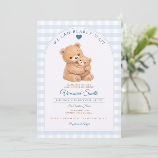Blue We can bearly wait Mama Bear Baby Shower 招待状 (スタンド正面)
