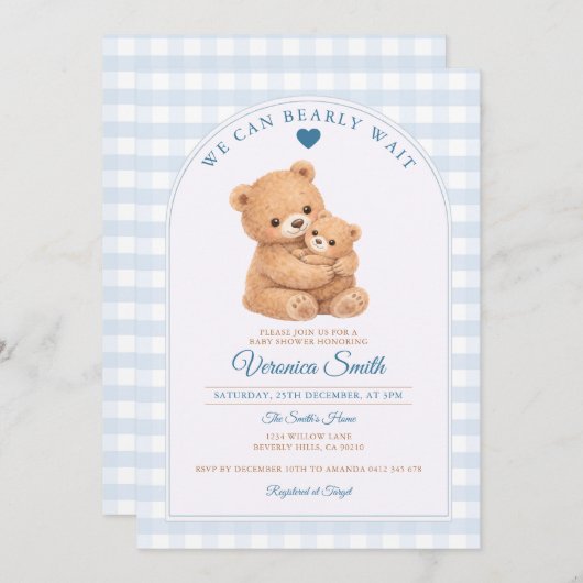 Blue We can bearly wait Mama Bear Baby Shower 招待状 (正面/裏面)