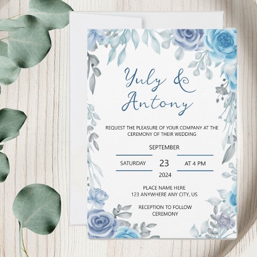 Blue wedding Invitación para boda azul floral 招待状