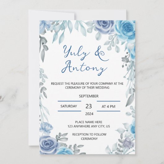 Blue wedding Invitación para boda azul floral 招待状 (正面)
