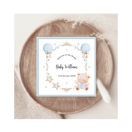 Blue Welcome Baby Boy Floral Frame Teddy Bear Card