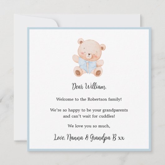 Blue Welcome Baby Boy Floral Frame Teddy Bear Card (裏面)