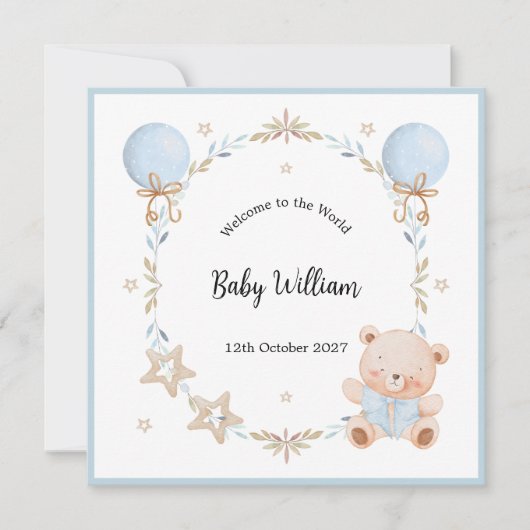 Blue Welcome Baby Boy Floral Frame Teddy Bear Card (正面)
