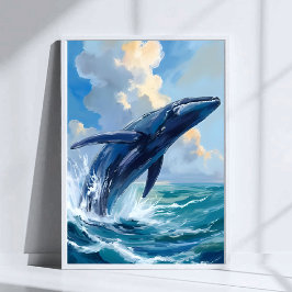 Blue Whale Ocean Animal Watercolor Art ポスター