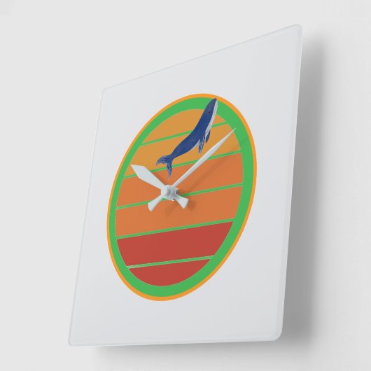 Blue whale, retro スクエア壁時計 (傾斜)