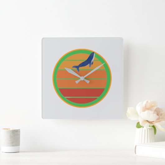 Blue whale, retro スクエア壁時計 (ホーム)