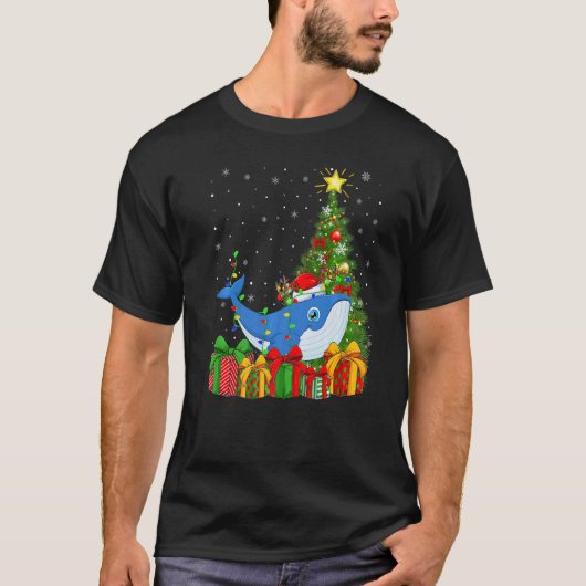 Blue Whale  Xmas Lights Santa Blue Whale Christmas Tシャツ (正面)