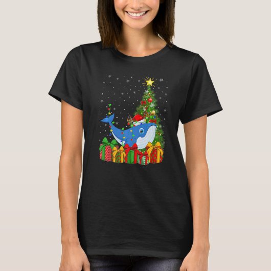 Blue Whale  Xmas Lights Santa Blue Whale Christmas Tシャツ (正面)