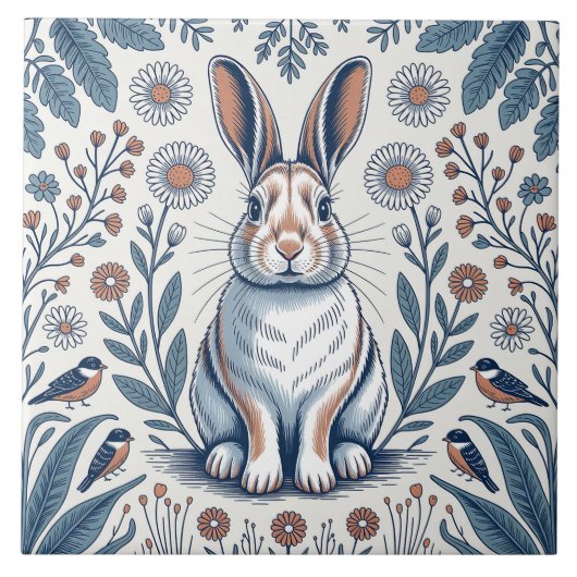 Blue Whimsical Bunny Rabbit Floral Design タイル (正面)