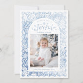 Blue Whimsical Hand Drawn Joyful Holiday Photo シーズンカード (正面)