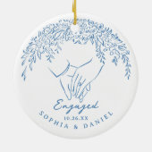 Blue Whimsical Hands Our First Christmas Engaged セラミックオーナメント (裏面)