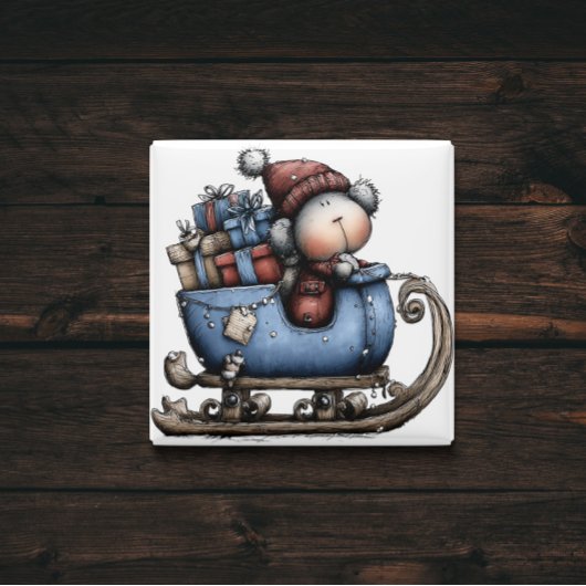 Blue Whimsical Polar Bear Sled | Christmas Magnet マグネット