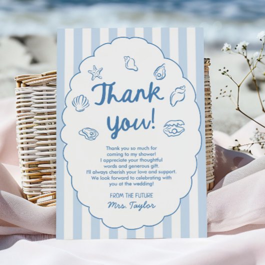 Blue Whimsical Seashell Coastal Bridal Shower サンキューカード