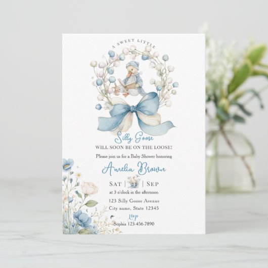 Blue Whimsical Silly Goose Baby Shower Invitation 招待状 (スタンド正面)