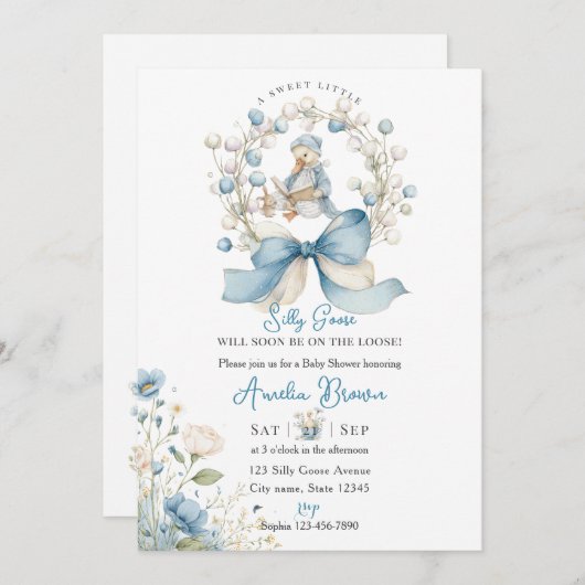 Blue Whimsical Silly Goose Baby Shower Invitation 招待状 (正面/裏面)