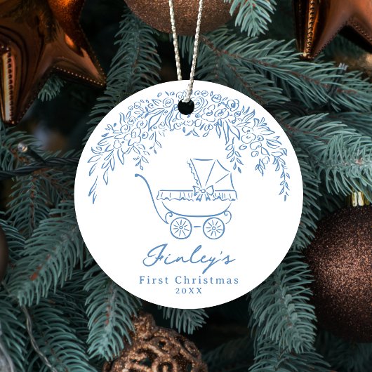Blue Whimsical Stroller Baby's First Christmas セラミックオーナメント