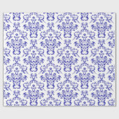 Blue&Whiteのヴィンテージパターンクリスマスの花柄のダマスク織 ラッピングペーパー (フラット)