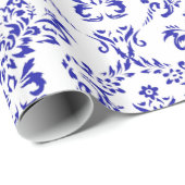 Blue&Whiteのヴィンテージパターンクリスマスの花柄のダマスク織 ラッピングペーパー (ロールコーナー)