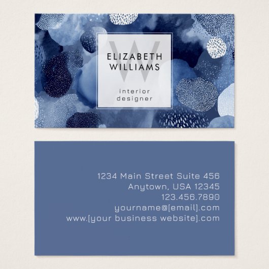 Blue White Abstract Monogram Modern Business Cards (正面&裏面)