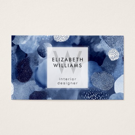 Blue White Abstract Monogram Modern Business Cards (正面)