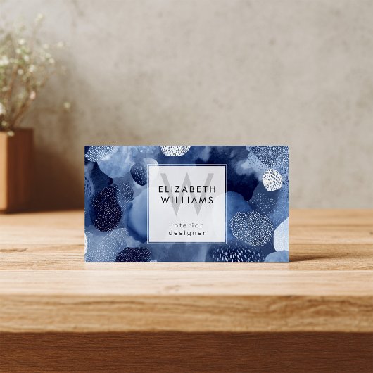 Blue White Abstract Monogram Modern Business Cards