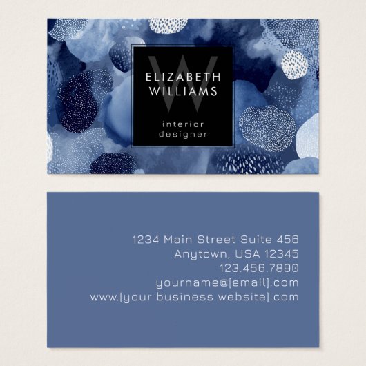 Blue White Abstract Monogram Modern Business Cards (正面&裏面)