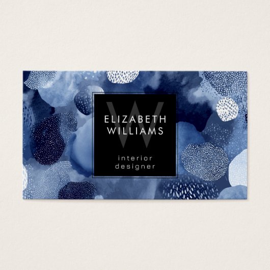 Blue White Abstract Monogram Modern Business Cards (正面)