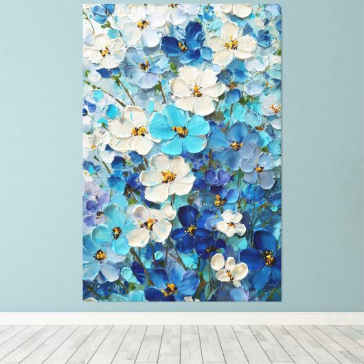 Blue, White, and Turquoise Floral Abstract Wall Ar キャンバスプリント (インサイチュ (ウッドフロア))