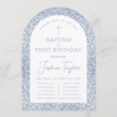 Blue White Arch Floral Boy Baptism First Birthday 招待状 (正面)