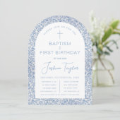 Blue White Arch Floral Boy Baptism First Birthday 招待状 (スタンド正面)