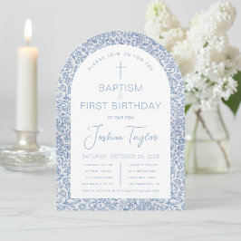 Blue White Arch Floral Boy Baptism First Birthday 招待状