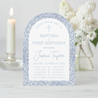 Blue White Arch Floral Boy Baptism First Birthday 招待状