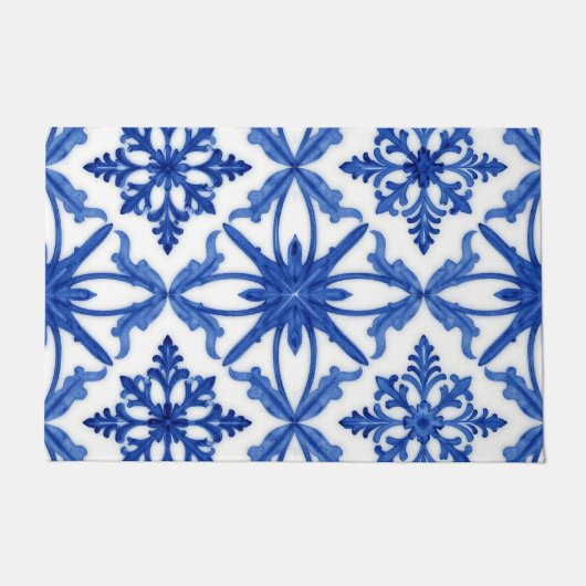 Blue White Azulejo Tile Floral Pattern ドアマット (正面)