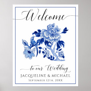 Blue White Bird Chinoiserie Floral Welcome Wedding ポスター