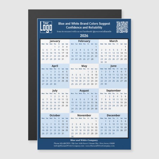 Blue White Black Your Logo 2026 Magnetic Calendar (正面/裏面)