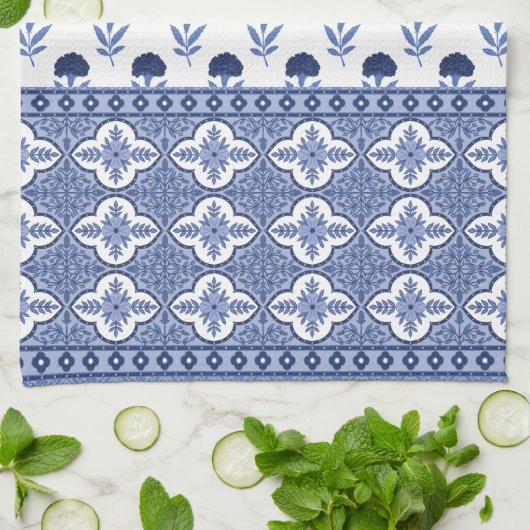 Blue White Boho style tea towel キッチンタオル (折り畳み)