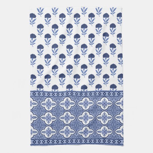 Blue White Boho style tea towel キッチンタオル (縦)