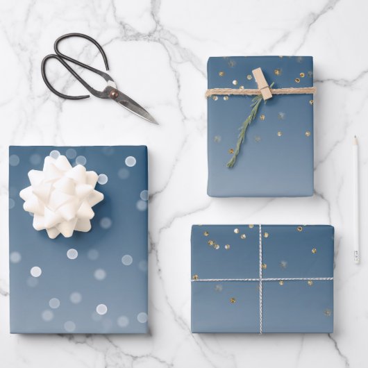 Blue White Bokeh Gold Glitter Confetti Christmas ラッピングペーパーシート (正面)