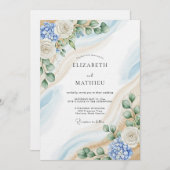 Blue & White Botanical Abstract Wedding 招待状 (正面/裏面)