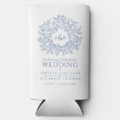 Blue white botanical monogram wedding photo スリム缶クーラー (正面)