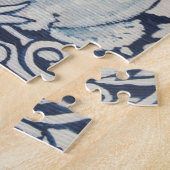 Blue & White Bunny Rabbit and Flowers Monochrome ジグソーパズル (側面)