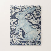 Blue & White Bunny Rabbit and Flowers Monochrome ジグソーパズル (縦)