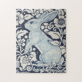 Blue & White Bunny Rabbit and Flowers Monochrome ジグソーパズル