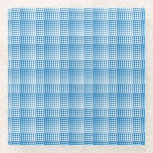 Blue White Checker Abstract Pattern ガラスコースター (正面)