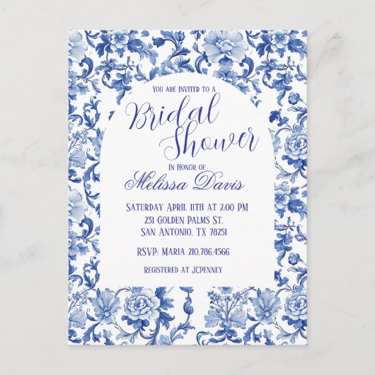 Blue & White Chinoiserie Bridal Shower Invitation ポストカード (正面)