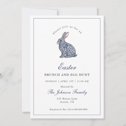 Blue & White Chinoiserie Bunny Easter Brunch 招待状 (正面)